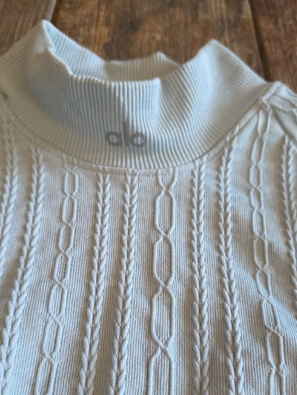 ALO Yoga Pale Blue Cable-Knit Cropped Mock Neck Pullover